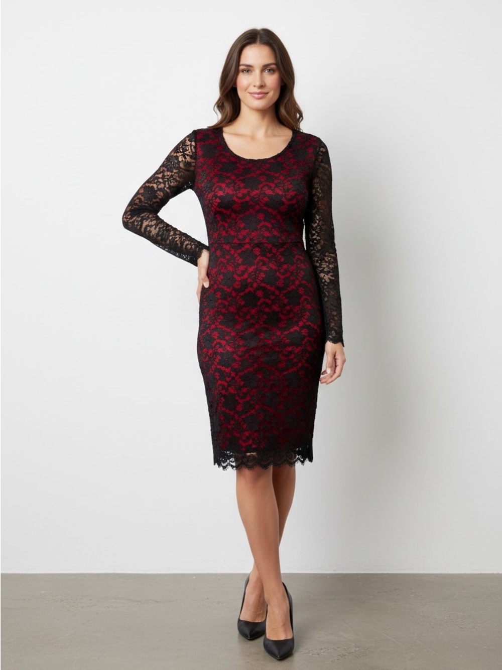 0092. Karen Kane Black Scalloped Lace Sheath Dress with Red Lining